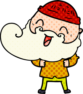 Bir insan tarafından çizilmiş sakallı ve kış şapkalı mutlu bir adam.