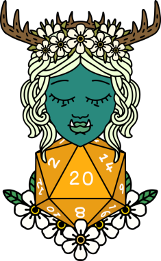 Retro Dövme Biçimi Yarı Ork Druid Bir insan tarafından çizilmiş 20 zar ile