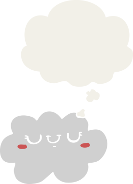 Düşünce baloncuğu olan sevimli çizgi film bulutu bir insan tarafından çizilmiş.