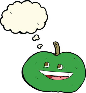 Bir insan tarafından çizilmiş düşünce balonlu mutlu elma çizgi filmi.