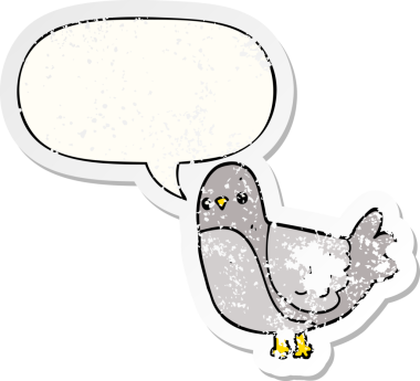 Konuşma baloncuğu olan çizgi film kuşu, bir insan tarafından çizilmiş sıkıntılı eski bir çıkartma.