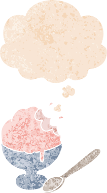 Düşünce baloncuklu karikatür dondurması bir insan tarafından çizilmiş dertli retro tarzı.