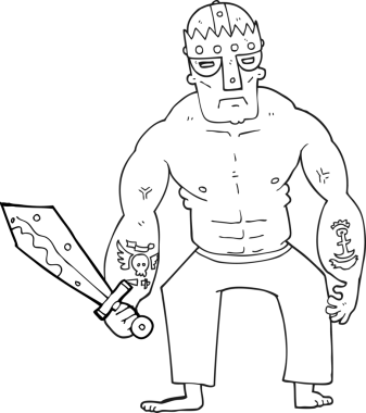 Bir insan tarafından çekilen kılıçlı siyah beyaz çizgi film savaşçısı.