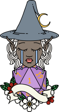 Retro Dövme Tarzı Ağlayan Elf Büyücüsü karakteri yüzü ve bir insan tarafından çizilmiş D20 rulosu