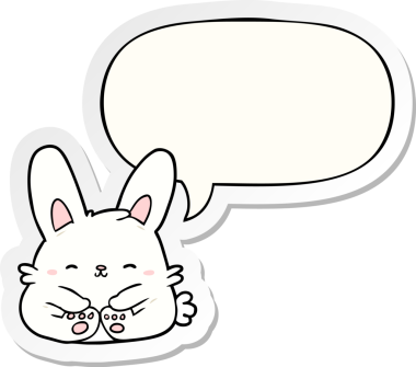 Bir insan tarafından çizilmiş konuşma kabarcığı çıkartmalı sevimli çizgi film tavşanı.