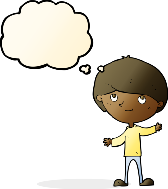 Bir insan tarafından çizilmiş düşünce balonu olan mutlu çocuk çizgi filmi.