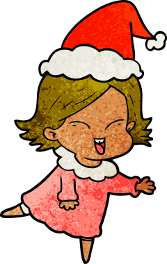 Bir insan tarafından çizilmiş Noel Baba şapkası giyen bir kızın çizilmiş mutlu el çizimi karikatürü.