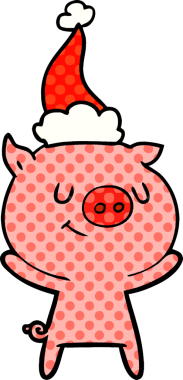 Mutlu el çizimi çizgi roman tarzı Noel Baba şapkası takan bir domuzun insan tarafından çizilmiş resmi.