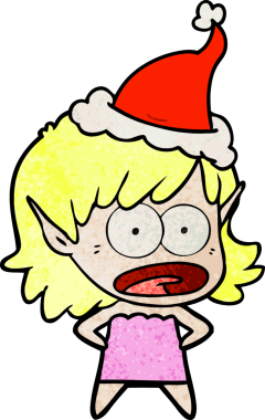 Şok olmuş bir elf kızının el çizimi bir insan tarafından çizilmiş Noel Baba şapkası.