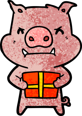 Bir insan tarafından çizilmiş Noel hediyeli kızgın çizgi film domuzu.