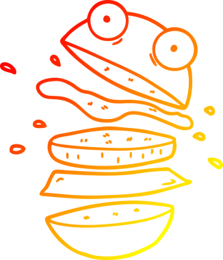 Bir çizgi filmin sıcak gradyan çizimi. Bir insan tarafından çizilmiş inanılmaz bir hamburger.