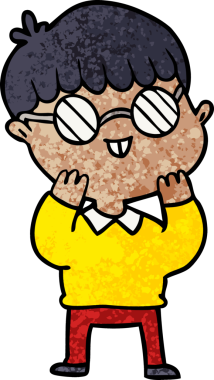 Bir insan tarafından çizilmiş gözlük takan çizgi film çocuğu.