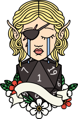 Retro Dövme Tarzı Ağlayan Elf düzenbaz karakter yüzü ve bir insan tarafından çizilmiş doğal bir D20 rulo