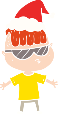 Bir insan tarafından çizilmiş güneş gözlüğü takan ve Noel Baba şapkası takan bir çocuğun el resmi.