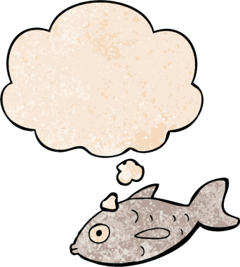 Bir insan tarafından çizilmiş grunge desenli düşünce baloncuklu çizgi film balığı.