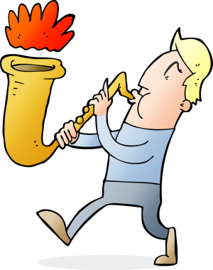 Bir insan tarafından çizilmiş saksafon üfleyen çizgi film adamı.