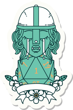 Ağlayan bir Ork savaşçı karakterinin çıkartması. Bir insan tarafından çizilmiş doğal bir D20 rulosu var.