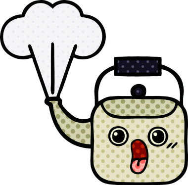 Bir insan tarafından çizilmiş dumanı tüten bir çaydanlığın çizgi romanı.