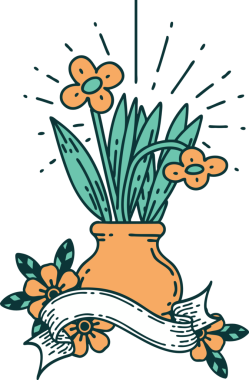 Bir insan tarafından çizilmiş vazoda dövmeli çiçekler olan parşömen.