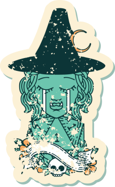 Retro Dövme Tarzı Ağlama Yarı Ork Cadı Karakteri Yüzü Doğal Bir D20 zar bir insan tarafından çizilmiş