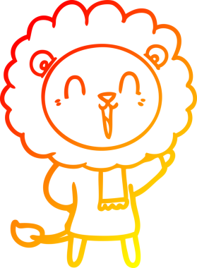 Bir insan tarafından çizilmiş kışlık giysiler içinde gülen bir aslan karikatürü.