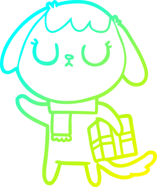 Bir insan tarafından çizilmiş noel hediyeli şirin bir köpeğin soğuk gradyan çizimi.