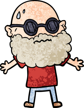 Bir insan tarafından çizilmiş sakallı ve güneş gözlüklü endişeli bir adam.