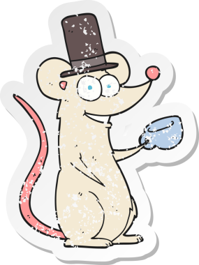 Bir insan tarafından çizilmiş çay fincanı olan karikatür bir farenin gerilimli çıkartması.