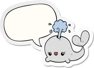 Bir insan tarafından çizilmiş konuşma balonu çıkartmalı şirin bir balina.