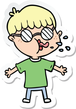 Bir insan tarafından çizilmiş gözlüklü bir çizgi film çocuğunun çıkartması.