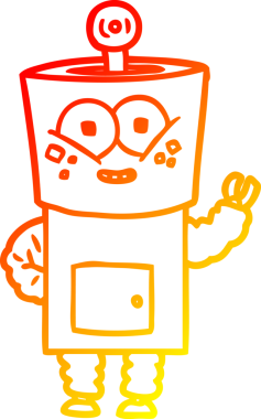 Bir insan tarafından çizilen el sallayan mutlu çizgi film robotunun sıcak çizgi çizimi