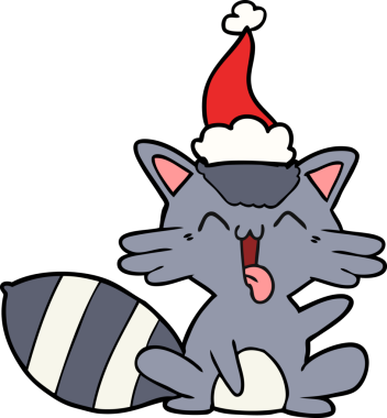 Bir insan tarafından çizilmiş Noel Baba şapkası takan bir rakunun çizimi.