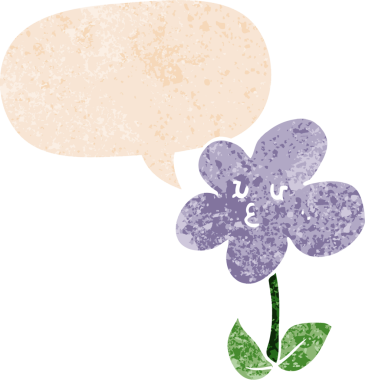 Bir insan tarafından çizilmiş grunge dertli retro biçimli konuşma baloncuklu karikatür çiçeği