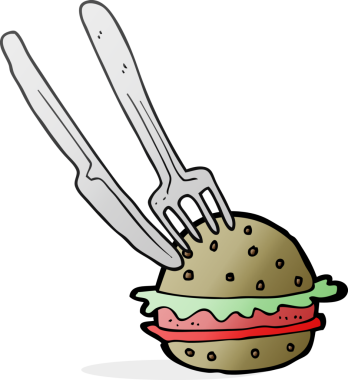 Bir insan tarafından çizilmiş karikatür bıçağı ve çatal kesim burgeri.