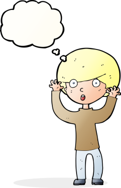 Bir insan tarafından çizilmiş düşünce baloncuğu ile ürkmüş bir çocuk.