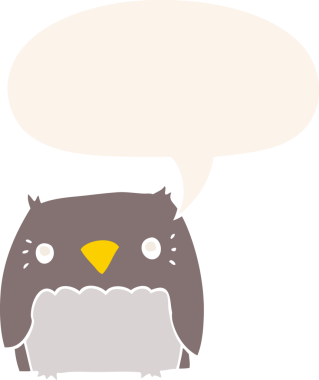 Bir insan tarafından çizilmiş konuşma baloncuğu olan sevimli çizgi film baykuşu.