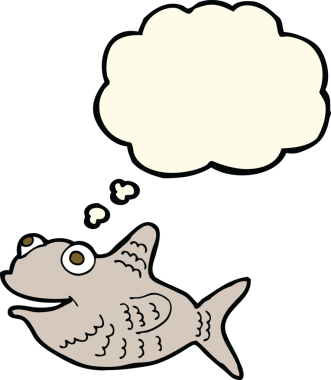 Bir insan tarafından çizilmiş düşünce balonlu mutlu balık çizgi filmi.