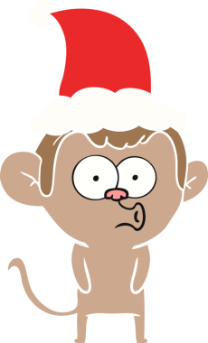 Bir insan tarafından çizilmiş Noel Baba şapkası giyen bir maymunun el çizimi düz renk çizimi.