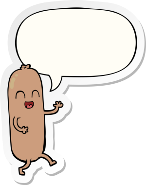 Bir insan tarafından çizilmiş konuşma kabarcığı çıkartmalı çizgi film sosisi.