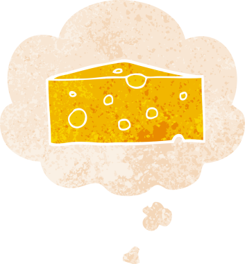 Düşünce baloncuklu çizgi film peyniri grunge dertli retro desenli bir insan tarafından çizilmiş