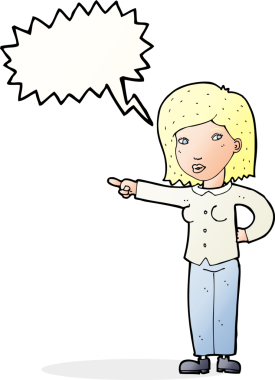 Bir insan tarafından çizilmiş bir konuşma balonuyla işaret eden çizgi film kadını.