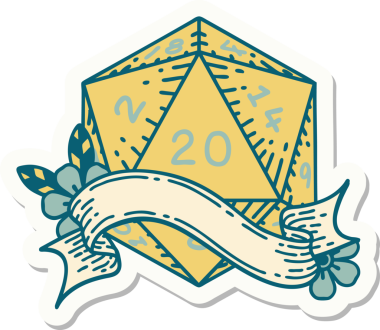 Bir insan tarafından çizilmiş 20 D20 zarının çıkartması.