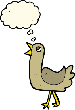 Bir insan tarafından çizilmiş düşünce baloncuklu çizgi film kuşu.