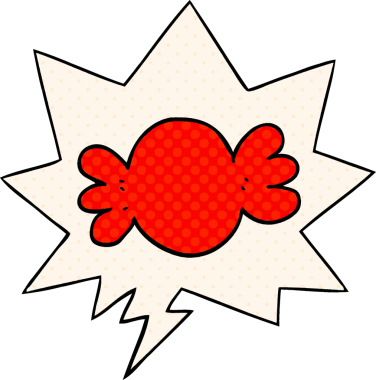 Bir insan tarafından çizilmiş çizgi roman tarzında konuşma balonuyla sarılmış şekerler.