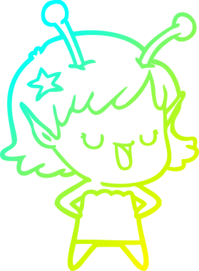 Bir insan tarafından çizilmiş mutlu bir uzaylı kız çizgi filmi.