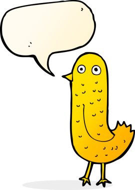 Bir insan tarafından çizilmiş konuşma baloncuklu komik çizgi film kuşu.