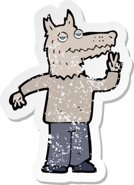 Bir insan tarafından çizilmiş mutlu kurt adam çizgi filminin kederli retro yapıştırması.