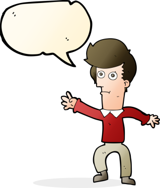 Bir insan tarafından çizilmiş konuşma baloncuğuyla el sallayan çizgi film adamı.