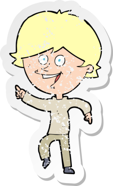 Bir insan tarafından çizilmiş mutlu işaret eden bir çizgi filmin gerilimli retro yapıştırması.