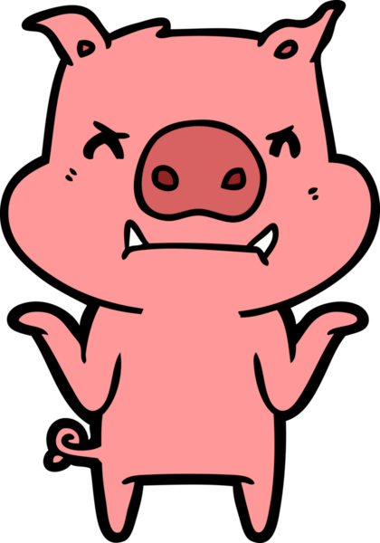 Bir insan tarafından çizilmiş kızgın çizgi film domuzu omuz silkiyor.